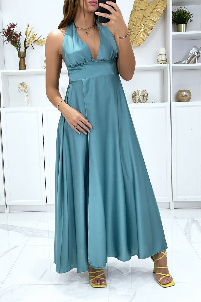 Longue robe satiné en vert d'eau avec attaches au col - 3