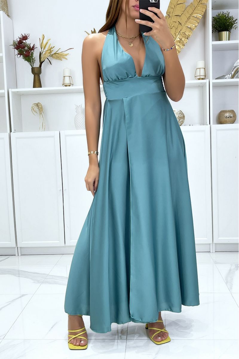 Longue robe satiné en vert d'eau avec attaches au col - 4