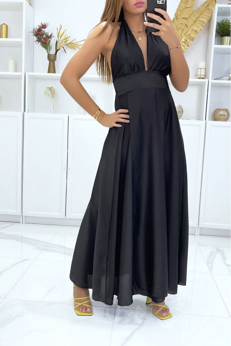 Long satin dress in black with ties at the collar - 3