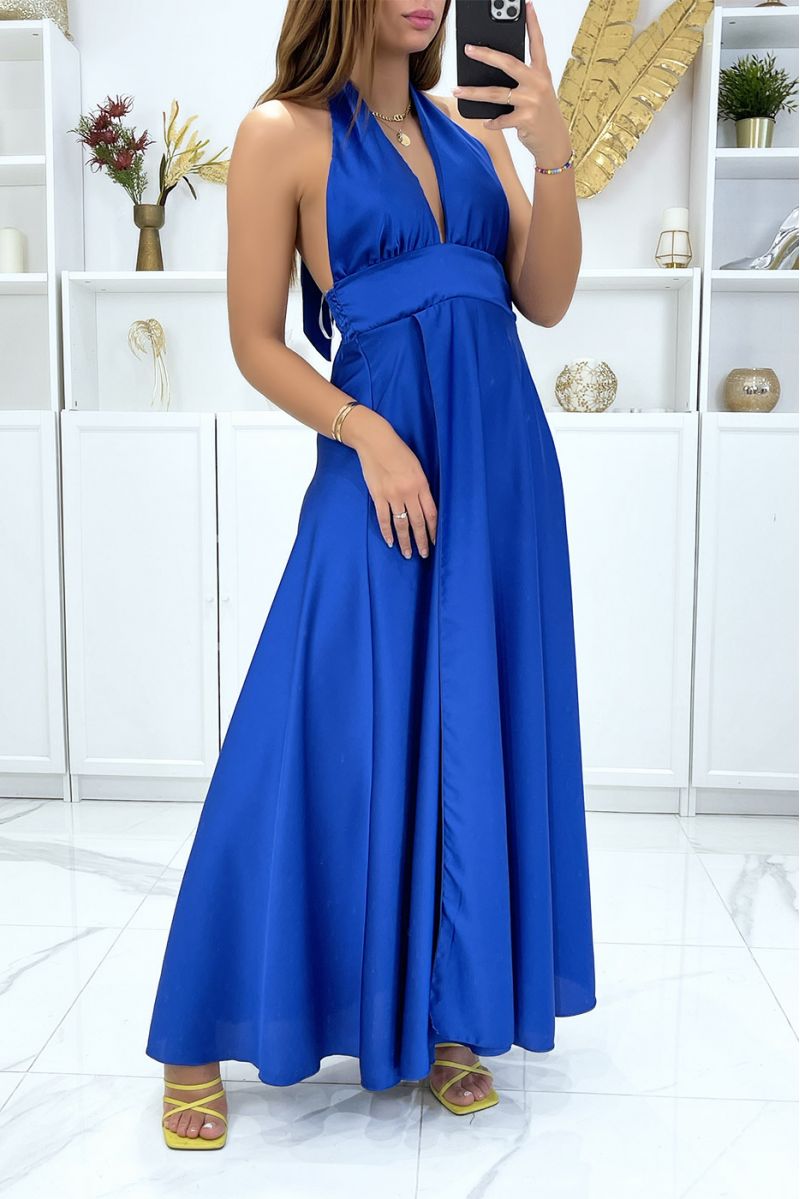 Long satin dress in royal with ties at the collar - 2