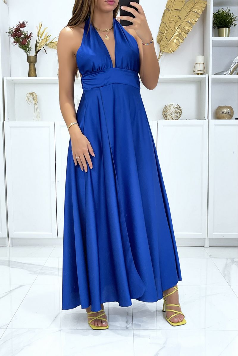 Long satin dress in royal with ties at the collar - 3