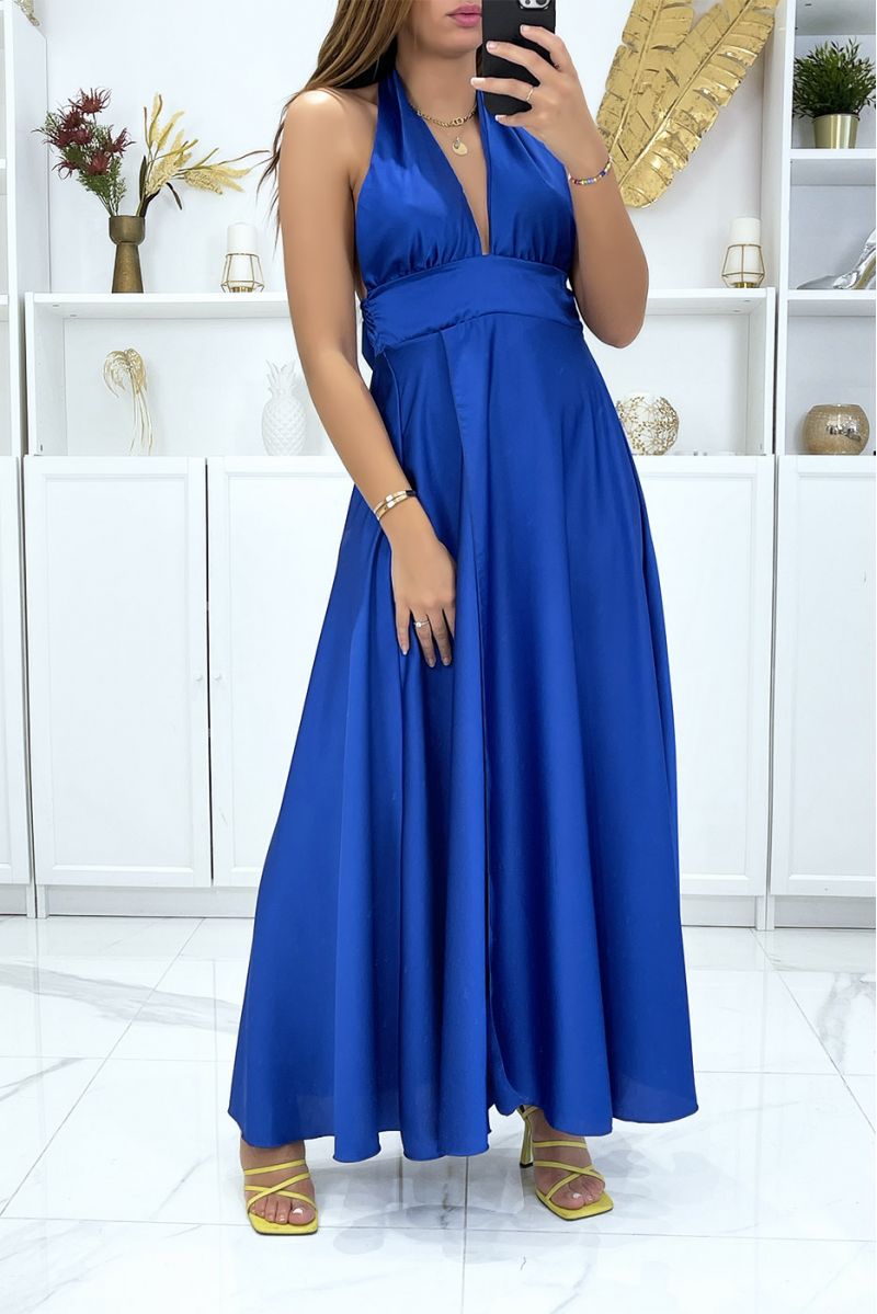 Long satin dress in royal with ties at the collar - 4