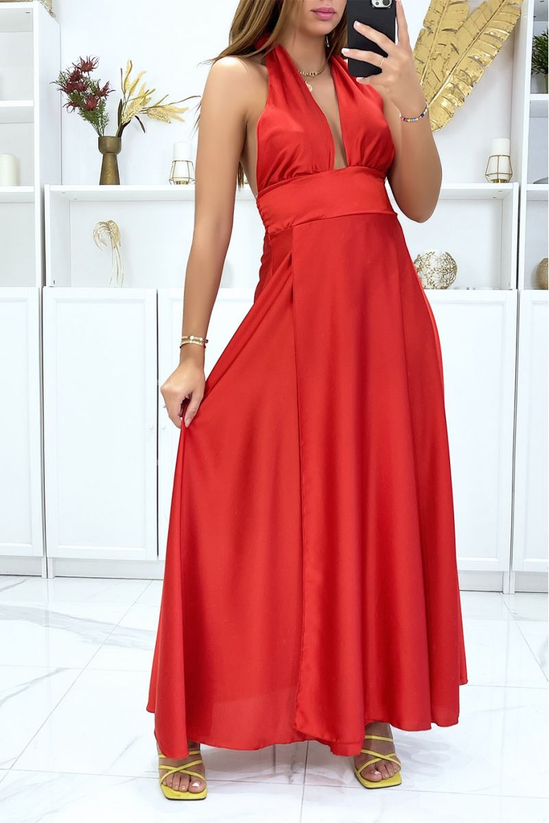 Long satin dress in red with ties at the collar - 2