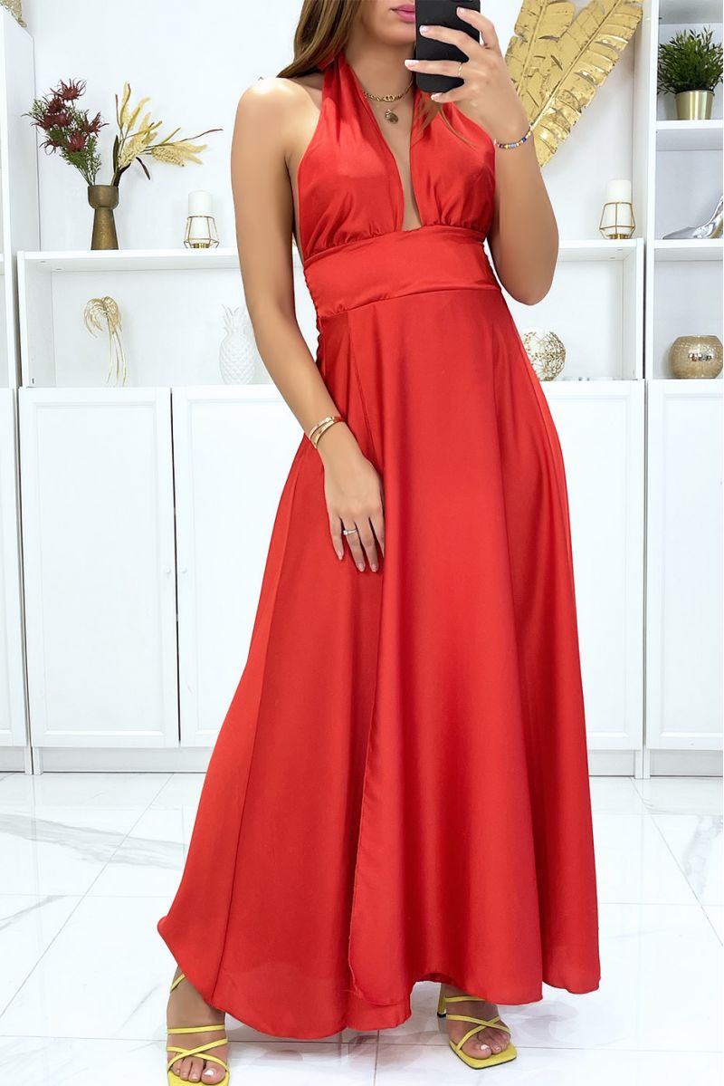 Long satin dress in red with ties at the collar - 3