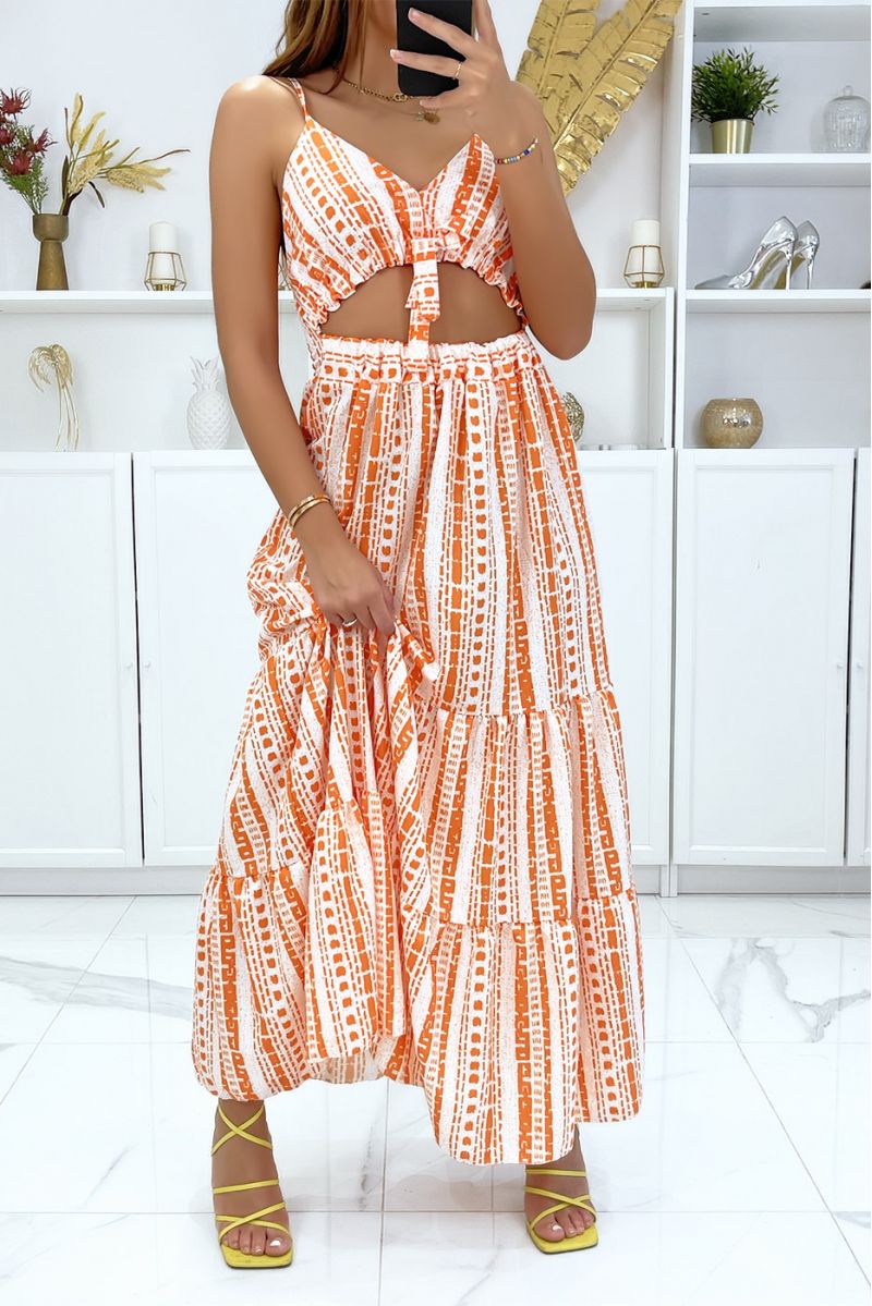 Long orange dress with open front pattern - 2