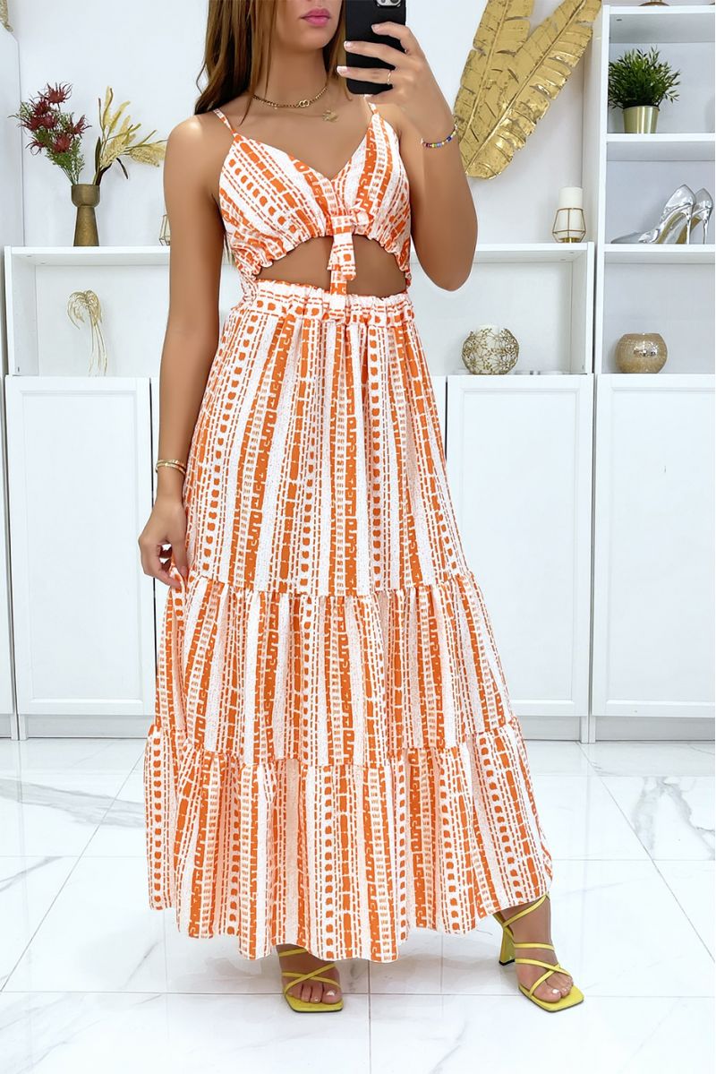 Long orange dress with open front pattern - 3