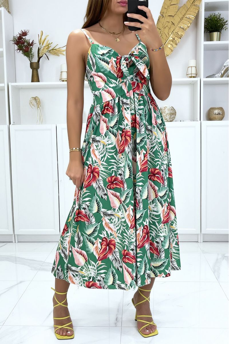 Long green leaf pattern dress with bow at the front - 4