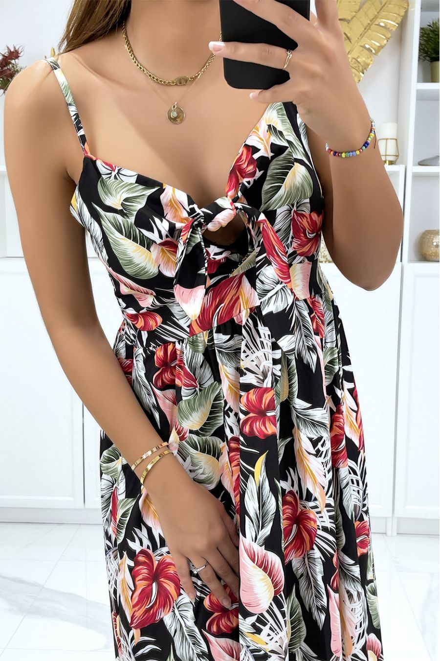 Long black leaf pattern dress with bow at the front - 2