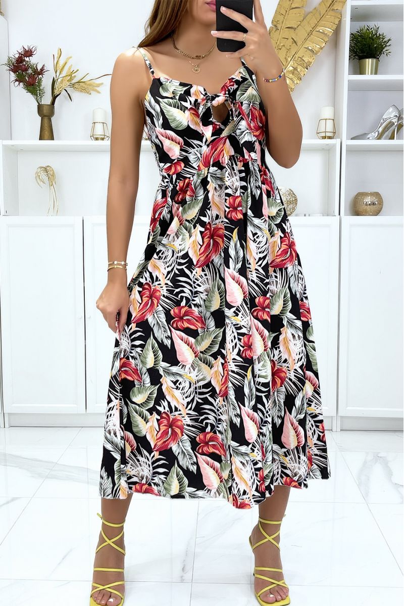Long black leaf pattern dress with bow at the front - 3