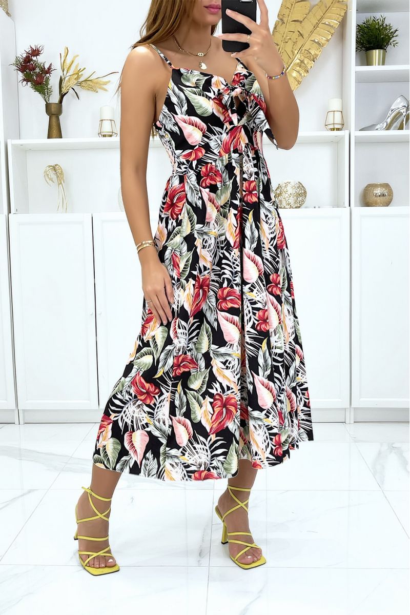Longue robe noire à motif feuilles avec noeud à l'avant - 4 Longue robe noire à motif feuilles avec noeud à l'avant - 4