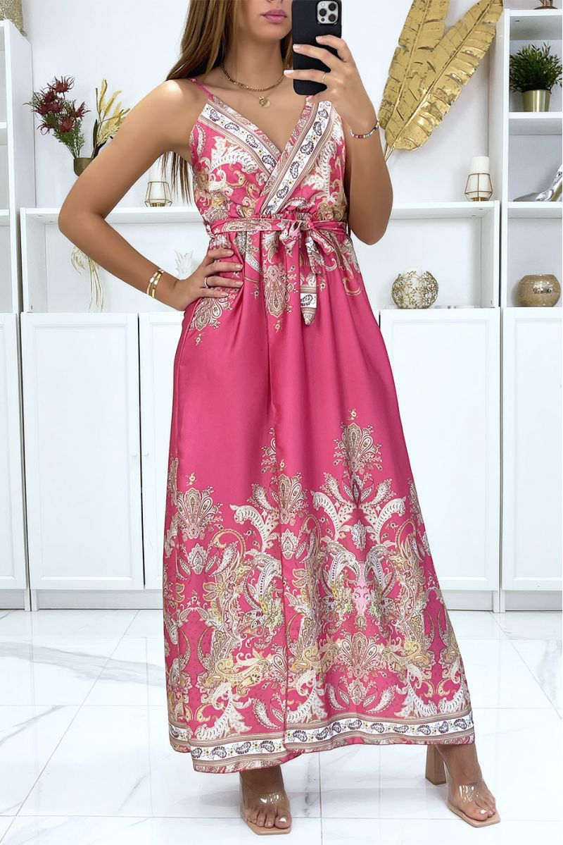 Long wrap-around and detachable dress with sublime fuchsia pattern - 2
