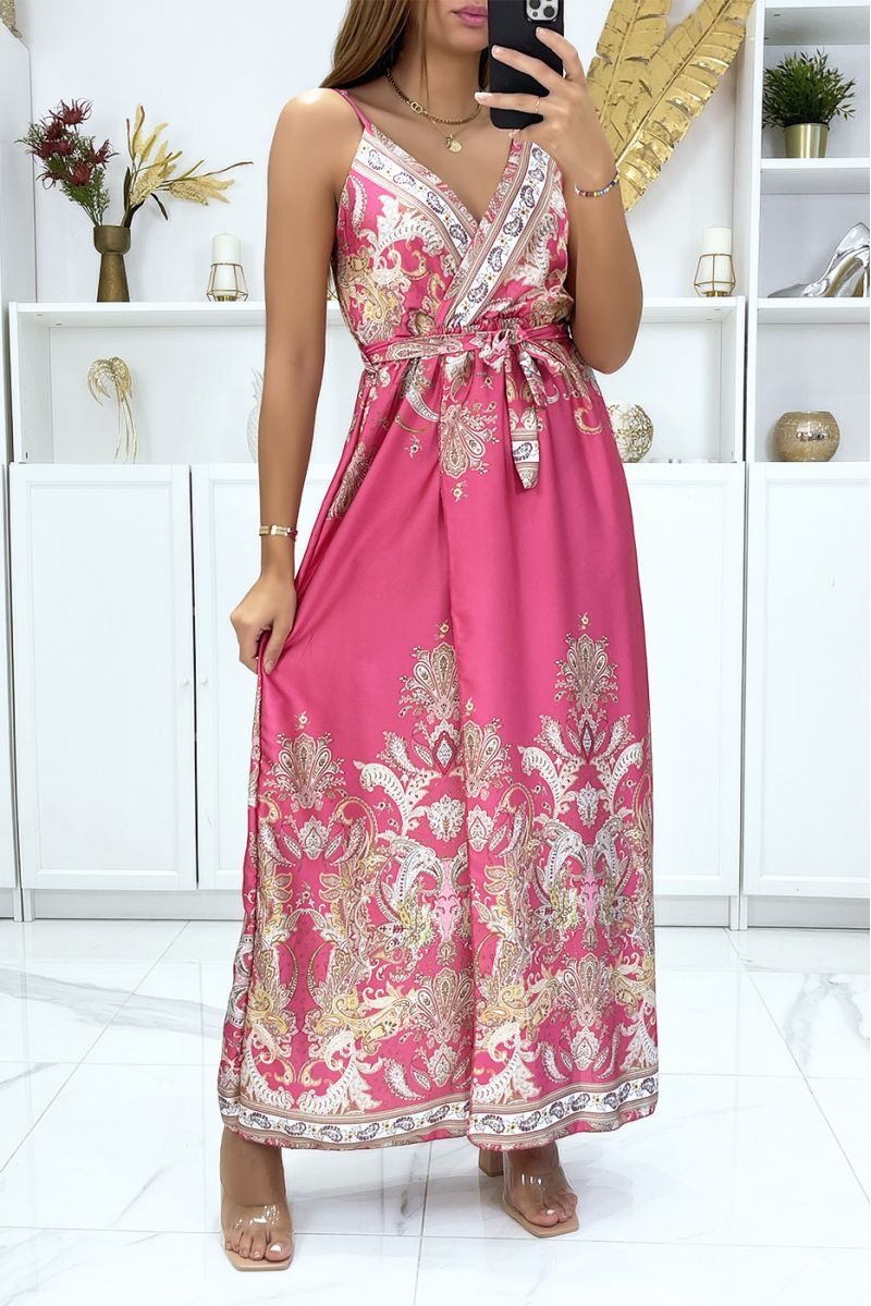 Long wrap-around and detachable dress with sublime fuchsia pattern - 3