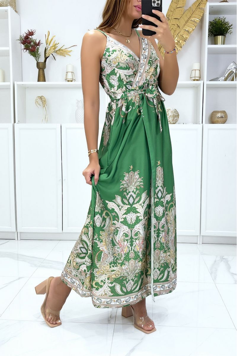 Longue robe porte feuille et amovible avec sublime motif verte - 2