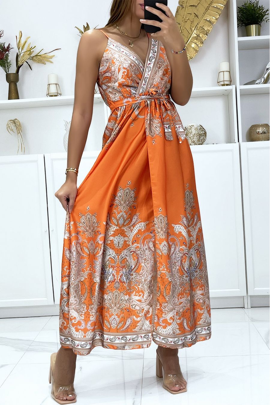 Long wrap dress and removable with sublime orange pattern - 3