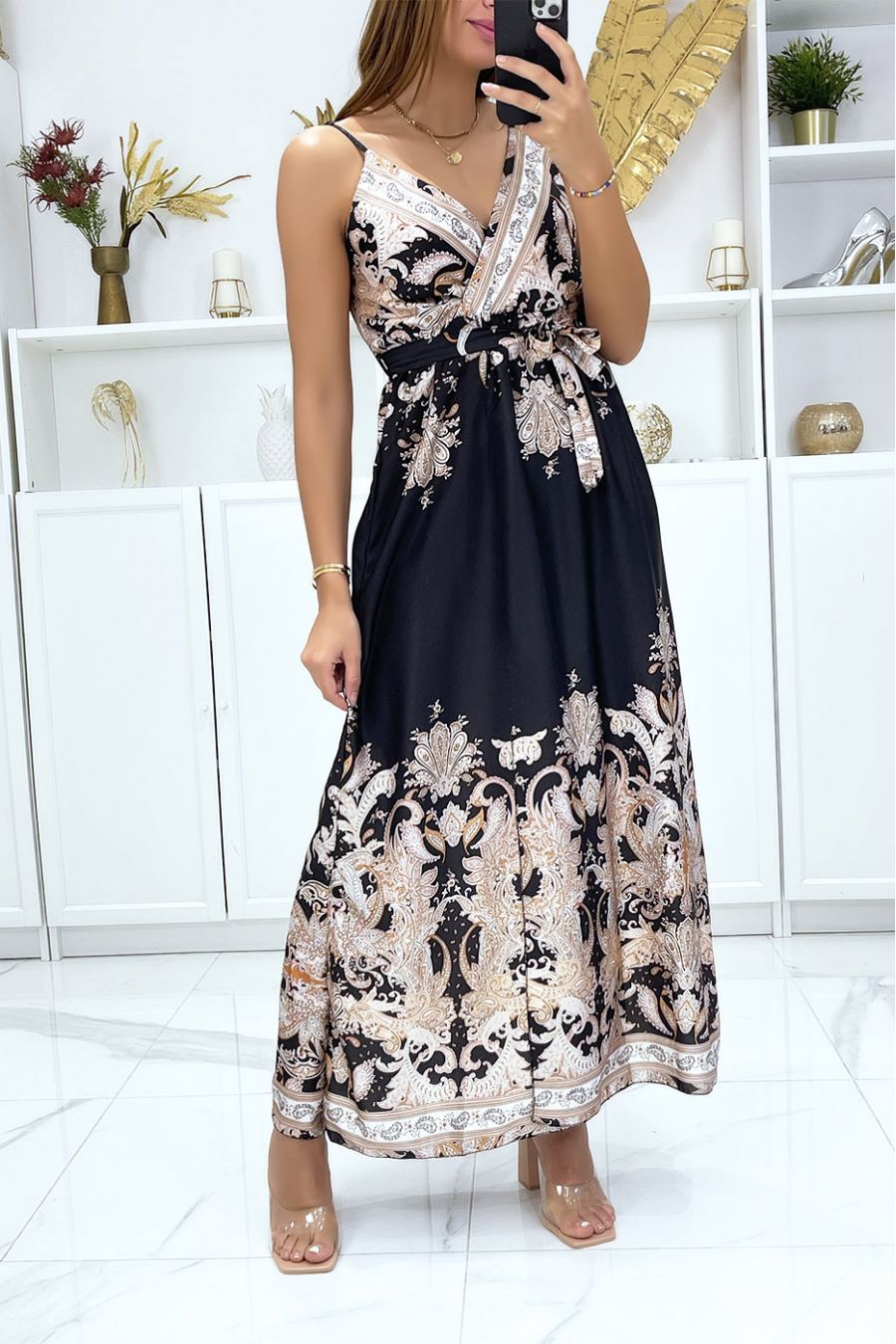 Longue robe porte feuille et amovible avec sublime motif noir - 3