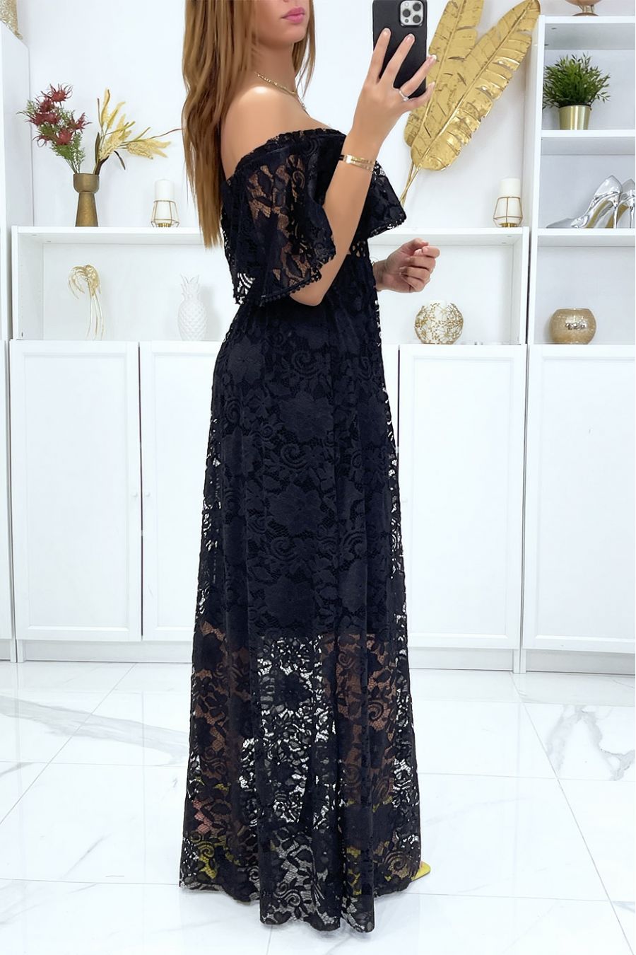 Long lined black lace dress with flounce at the bust - 1