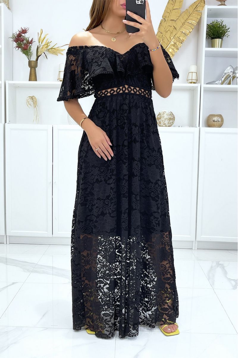 Long lined black lace dress with flounce at the bust - 3 Long lined black lace dress with flounce at the bust - 3