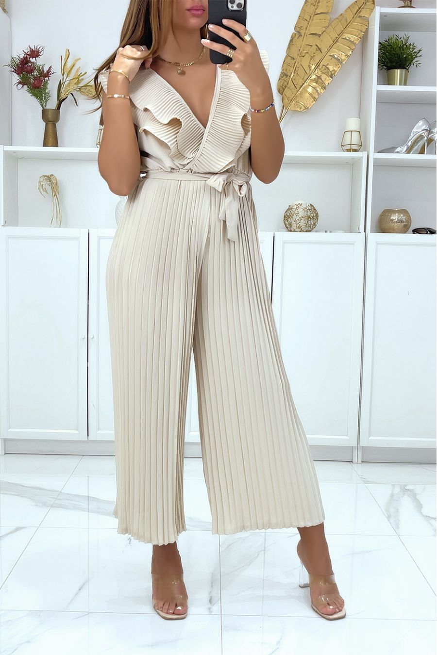 Beige geplooide jumpsuit gekruist bij de buste - 2