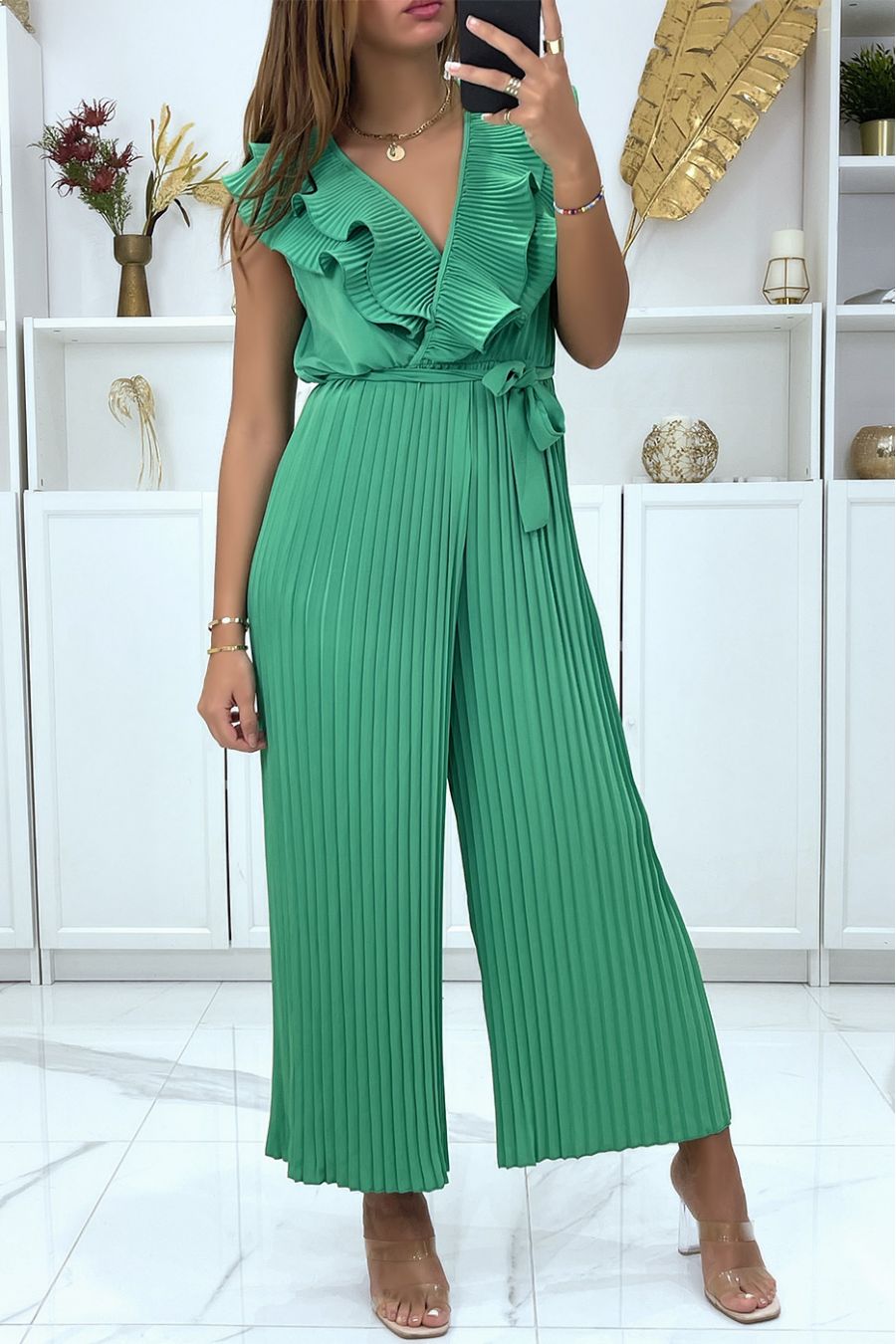 Combinaison pantalon plissé vert croisé au buste - 2