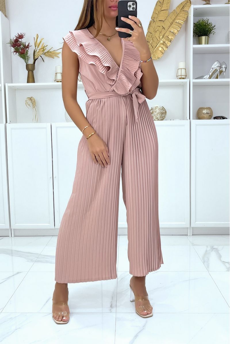 Roze geplooide broek jumpsuit gekruist op de buste - 1