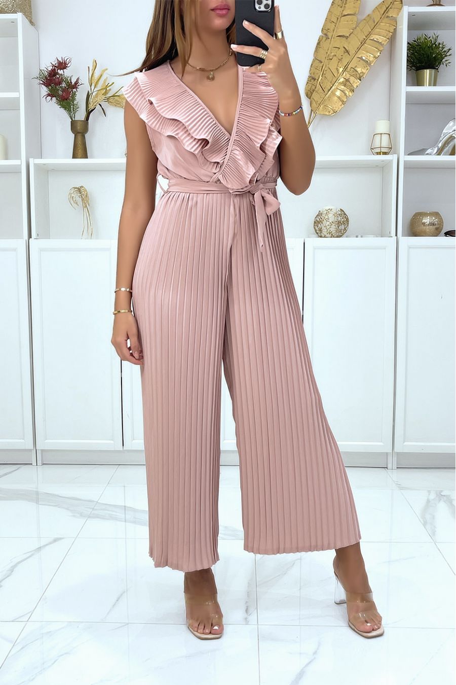 Pink pleated trouser jumpsuit crossed at the bust - 2