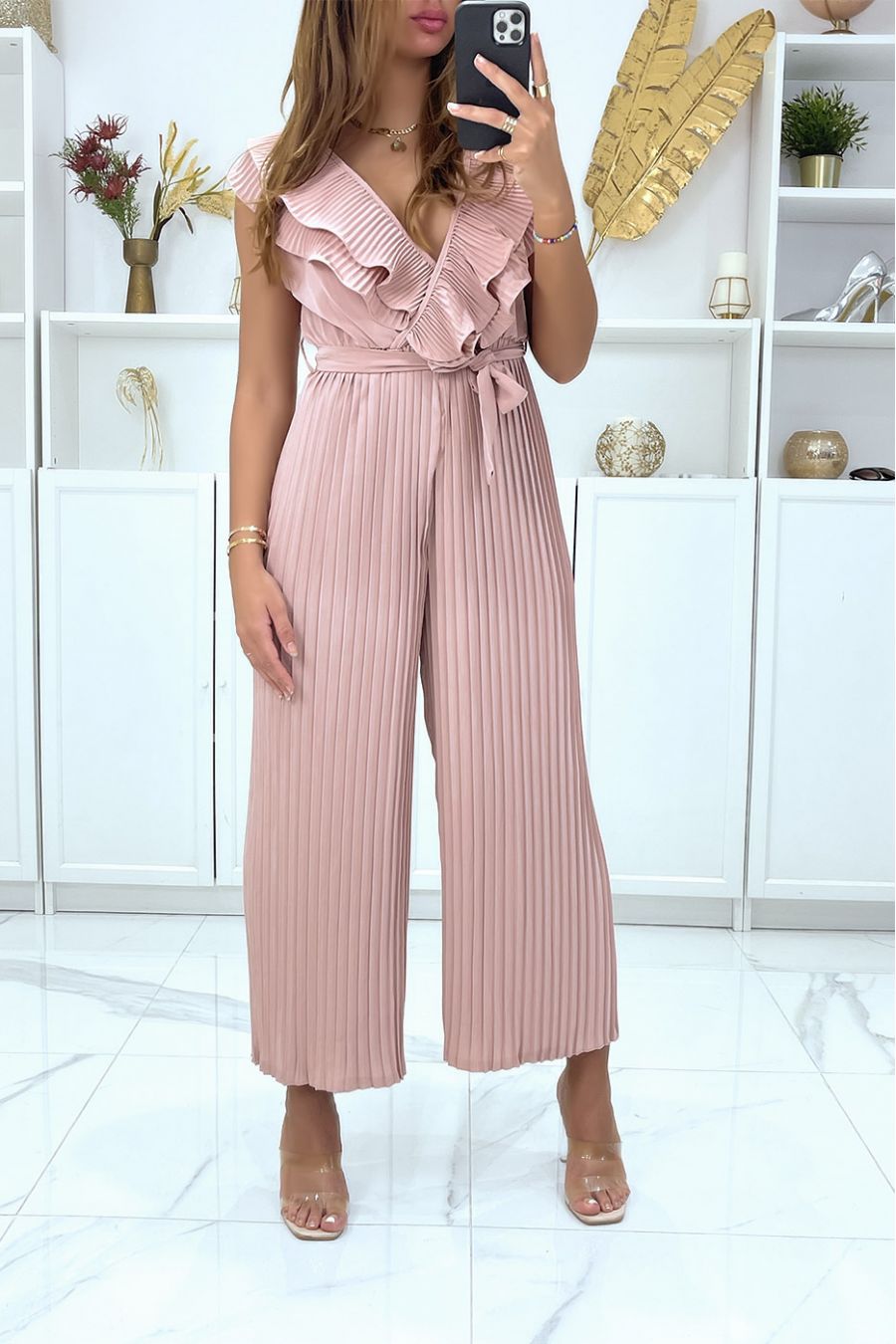 Combinaison pantalon plissé rose croisé au buste - 3
