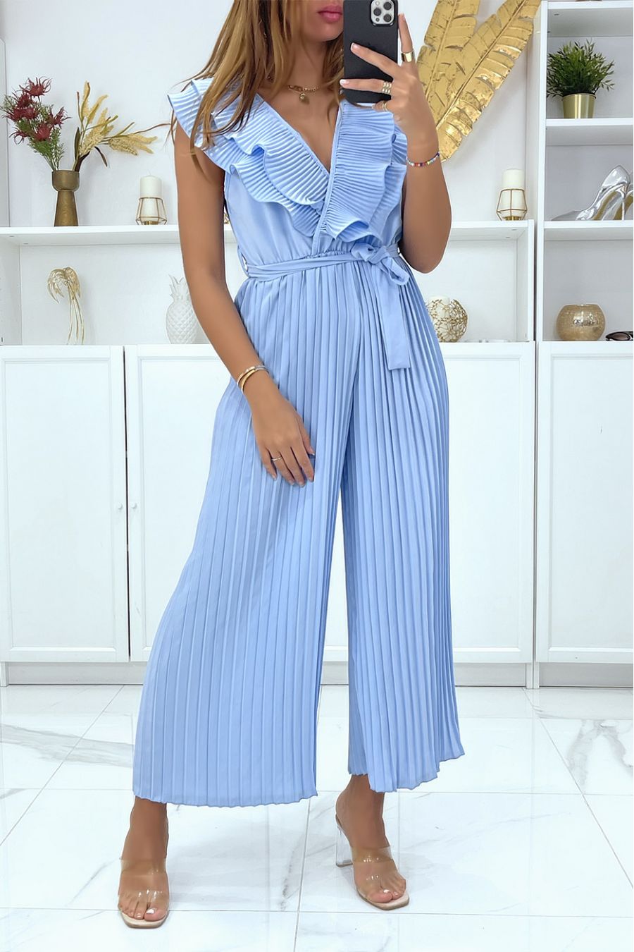 Turquoise pleated trouser jumpsuit crossed at the bust - 1