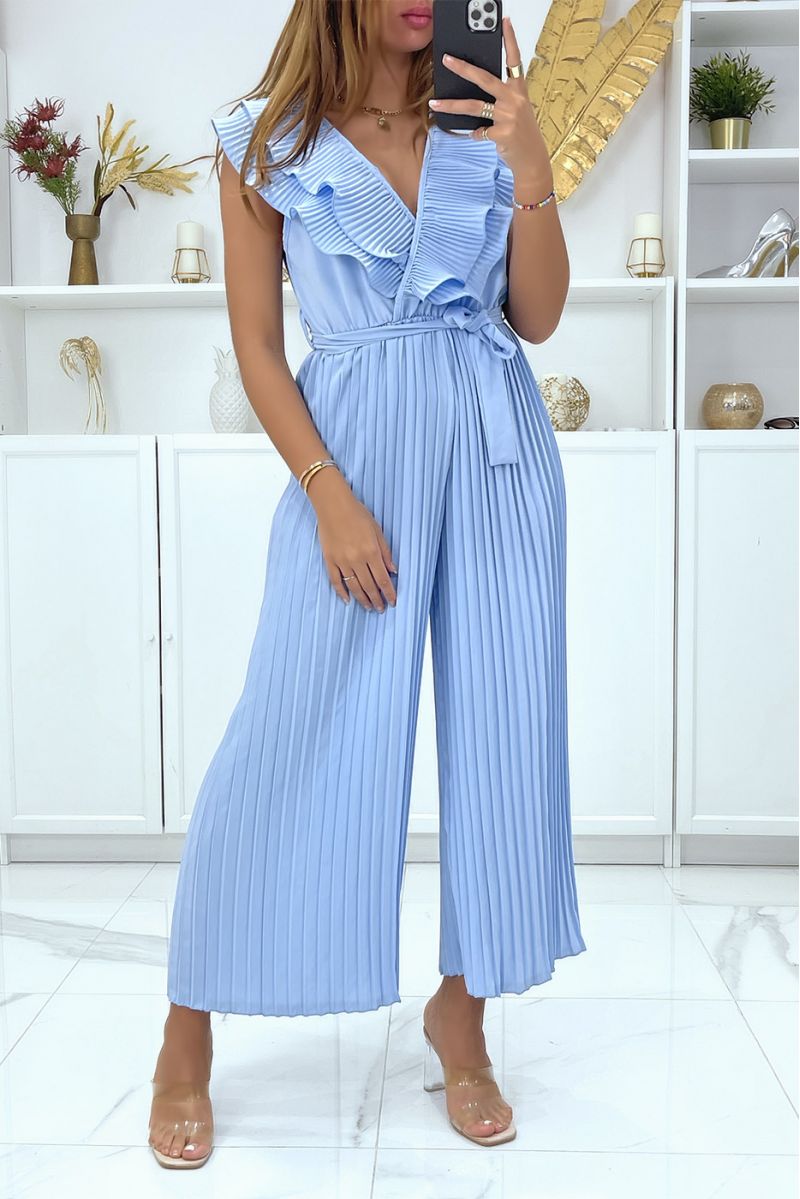 Turkoois geplooide broek jumpsuit gekruist op de buste - 1