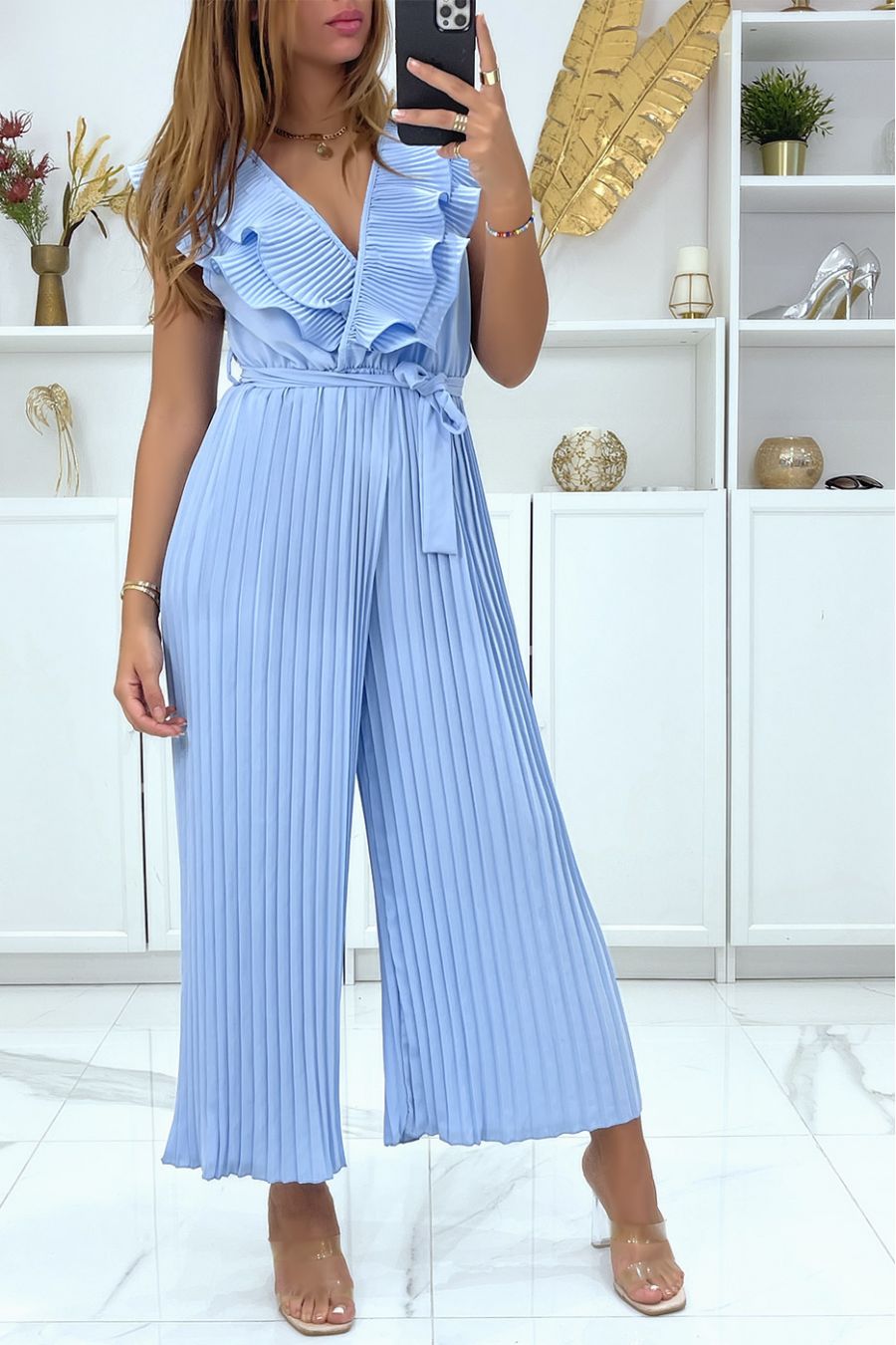 Turquoise pleated trouser jumpsuit crossed at the bust - 2