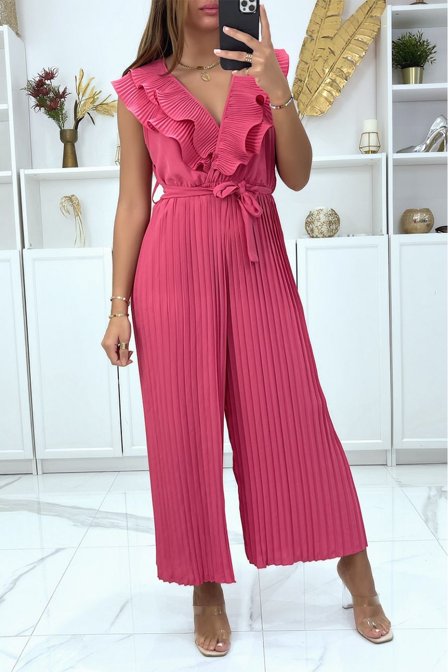 Combinaison pantalon plissé fuchsia croisé au buste  - 2