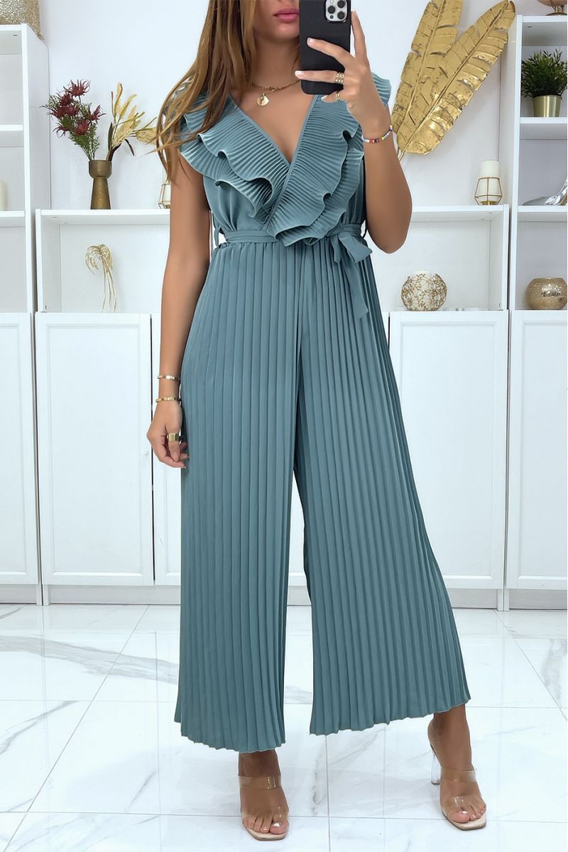 Watergroen geplooide broek jumpsuit gekruist bij de buste - 1
