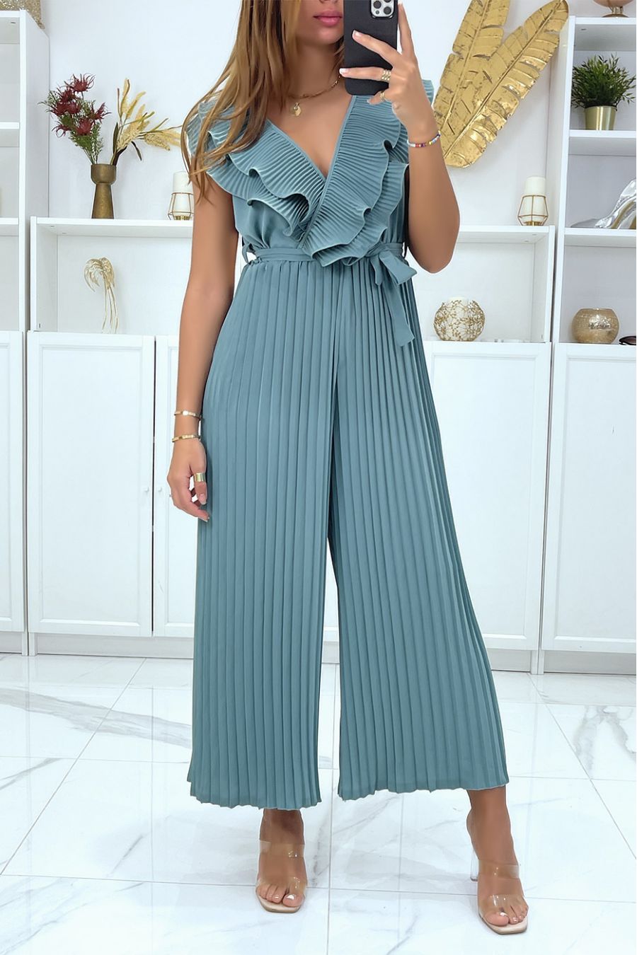 Watergroen geplooide broek jumpsuit gekruist bij de buste - 2