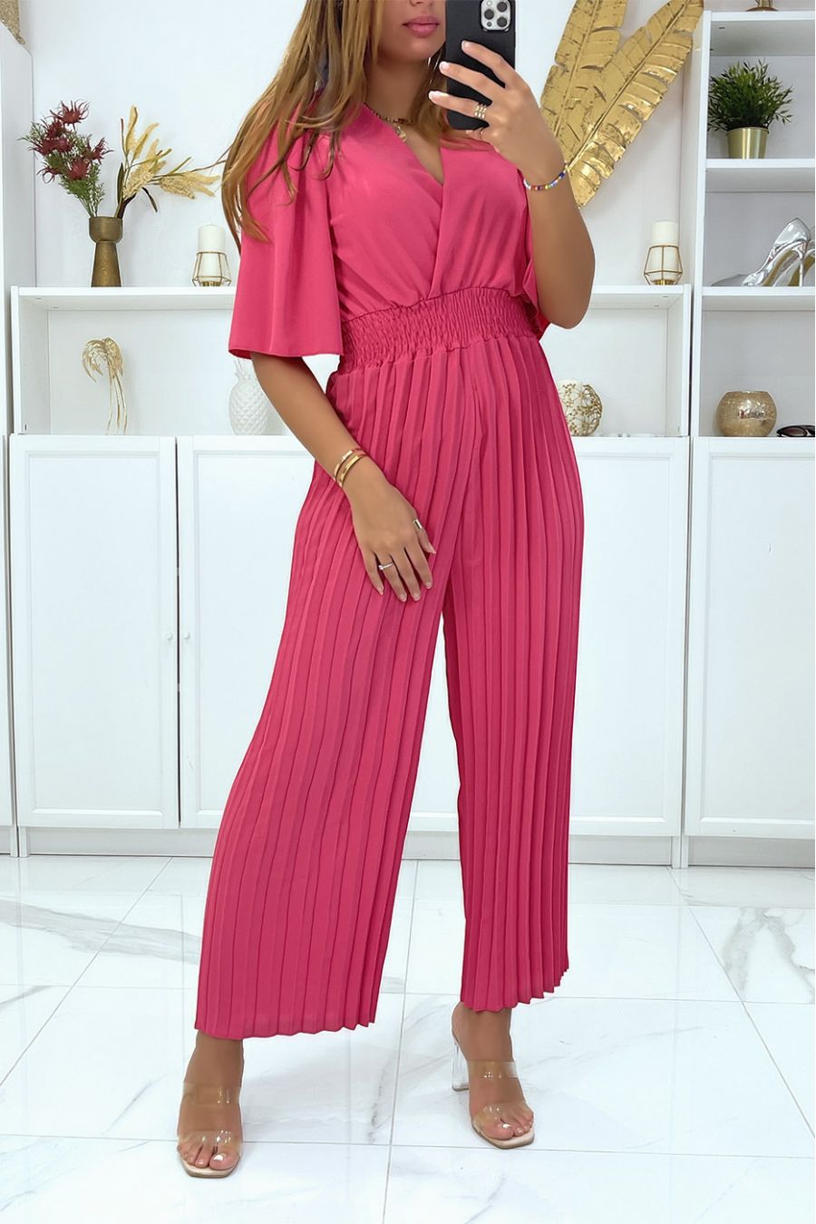 Fuchsia geplooide jumpsuit met overslag - 1