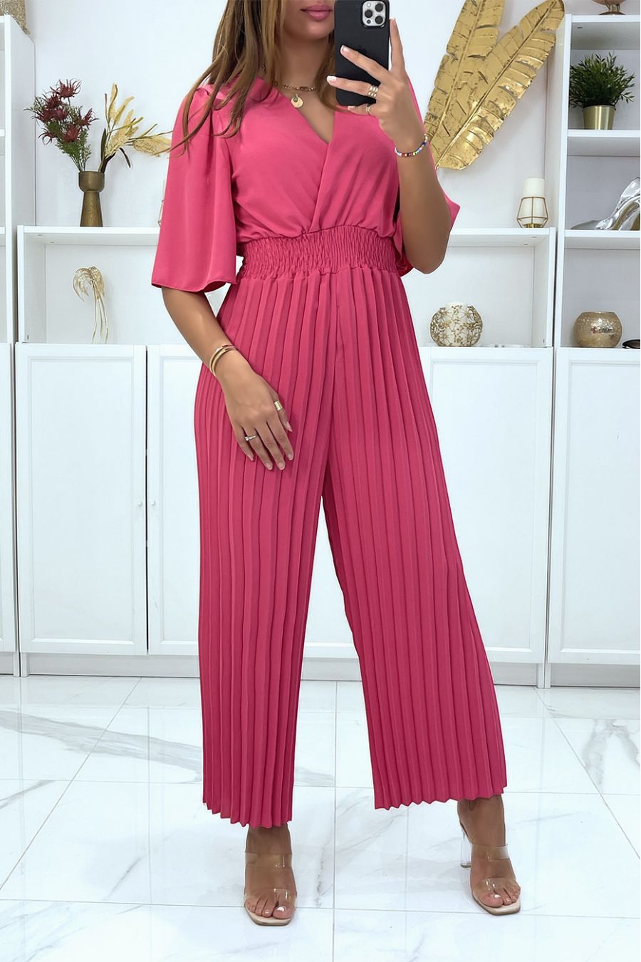 Fuchsia geplooide jumpsuit met overslag - 2