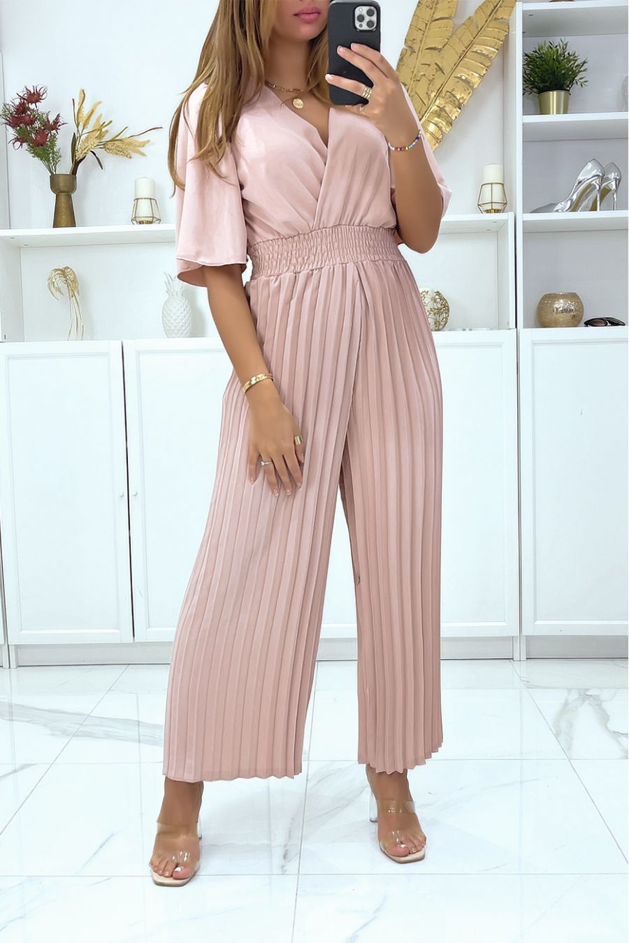 Pink wrap pleated jumpsuit - 1