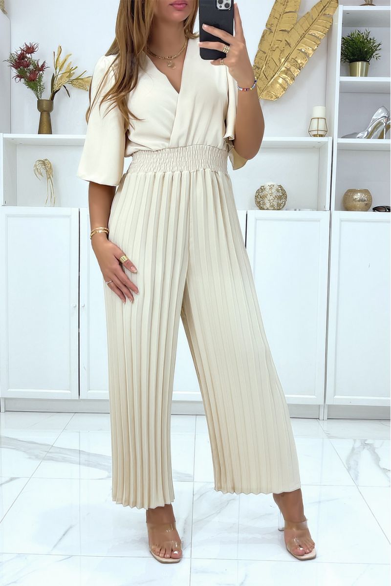 Beige pleated wrap pant jumpsuit - 2