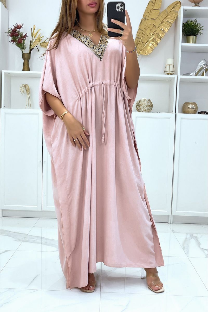 Long pink abaya V-neck golden pattern adjustable at the waist - 2