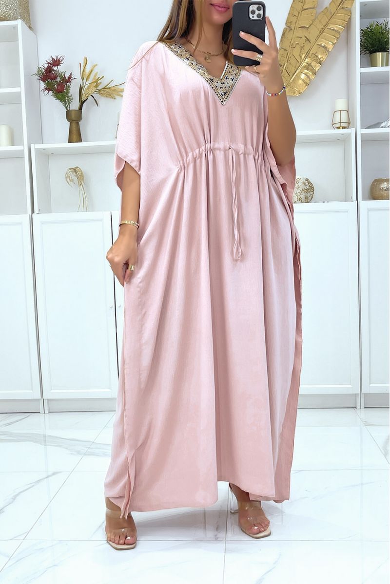 Long pink abaya V-neck golden pattern adjustable at the waist - 3