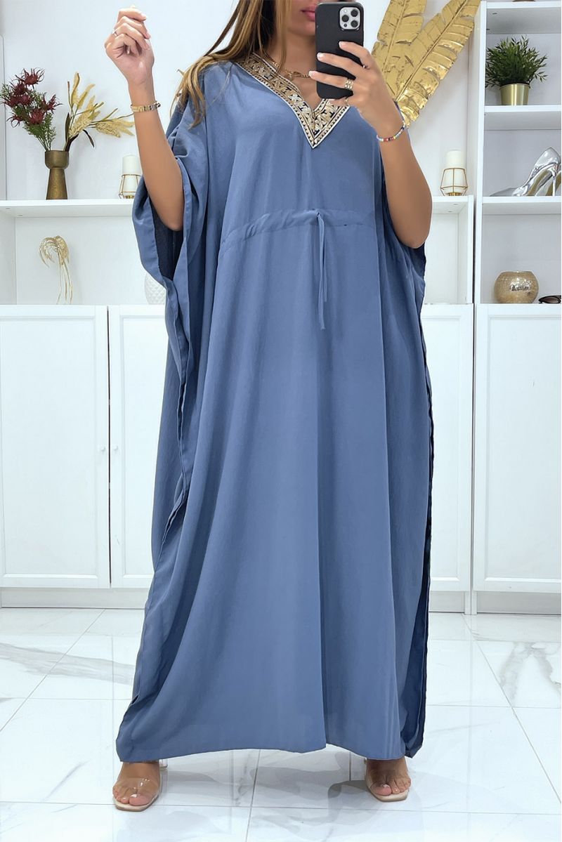 Long blue abaya V-neck gold pattern adjustable at the waist - 2