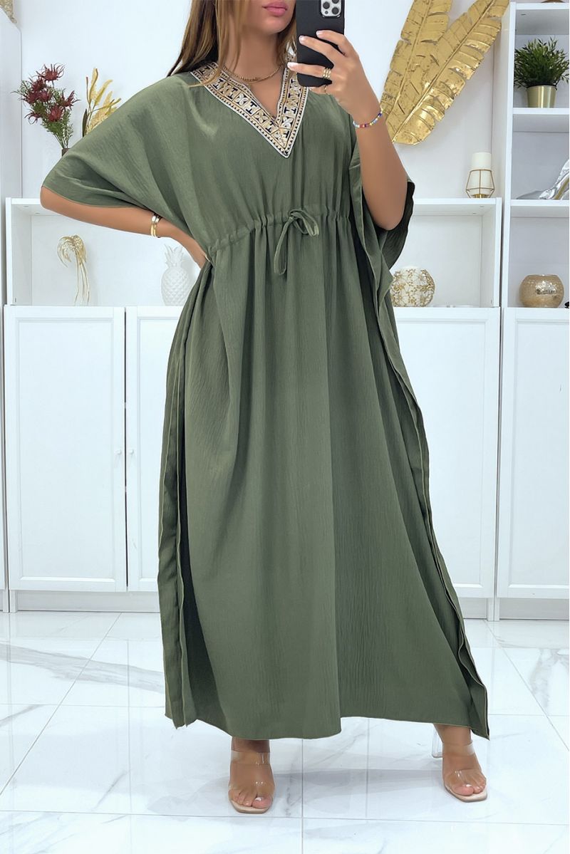 Long khaki abaya V-neck golden pattern adjustable at the waist - 2 Long khaki abaya V-neck golden pattern adjustable at the waist - 2