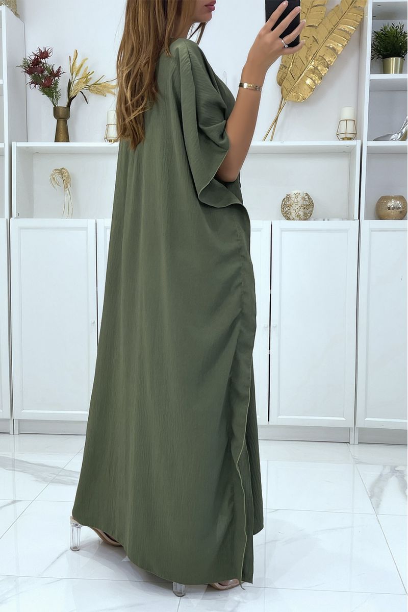Long khaki abaya V-neck golden pattern adjustable at the waist - 4 Long khaki abaya V-neck golden pattern adjustable at the waist - 4