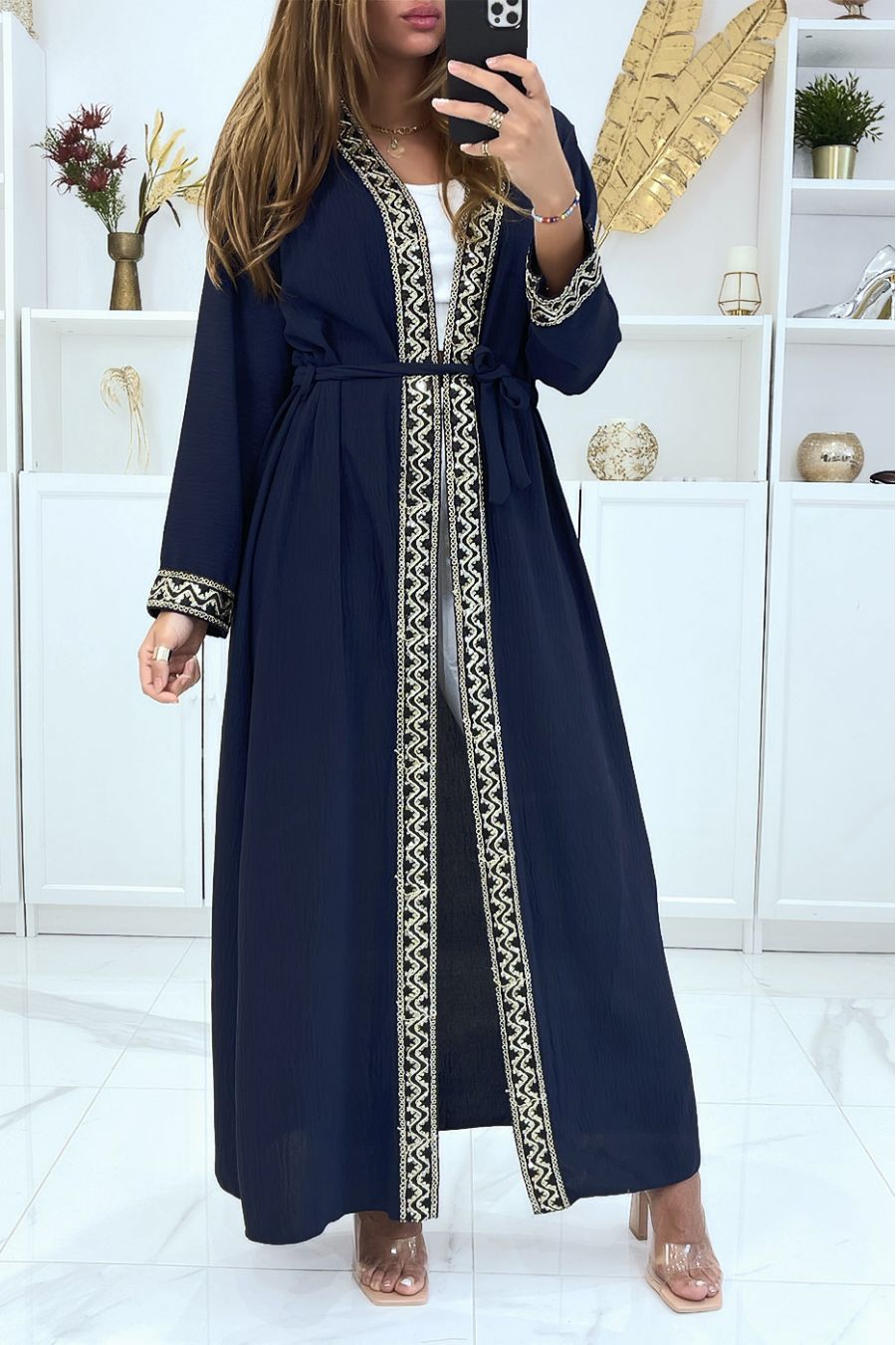 Abaya kimono marine avec joli motif pailleté doré  - 2