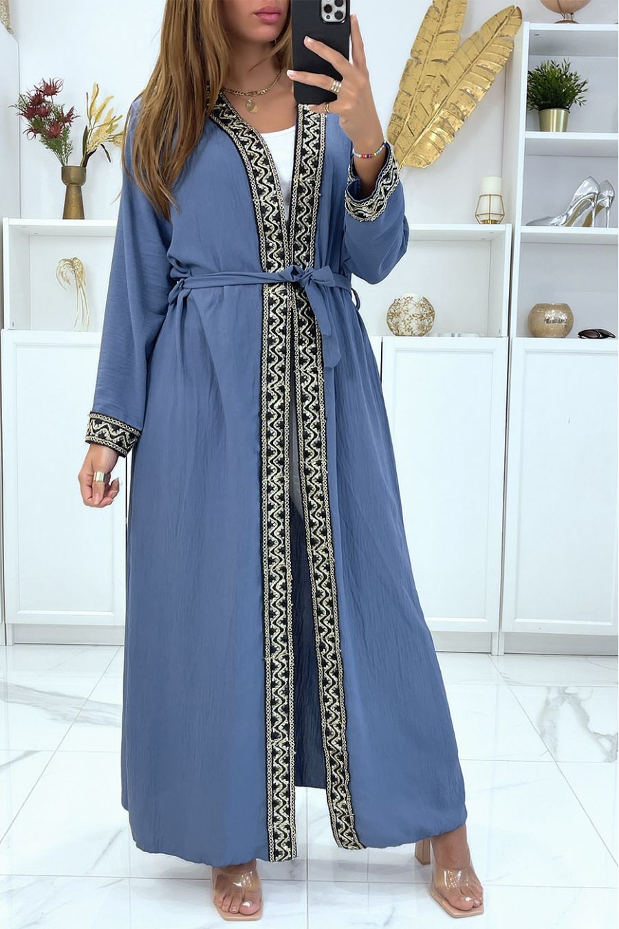 Abaya kimono bleu avec joli motif pailleté doré  - 1