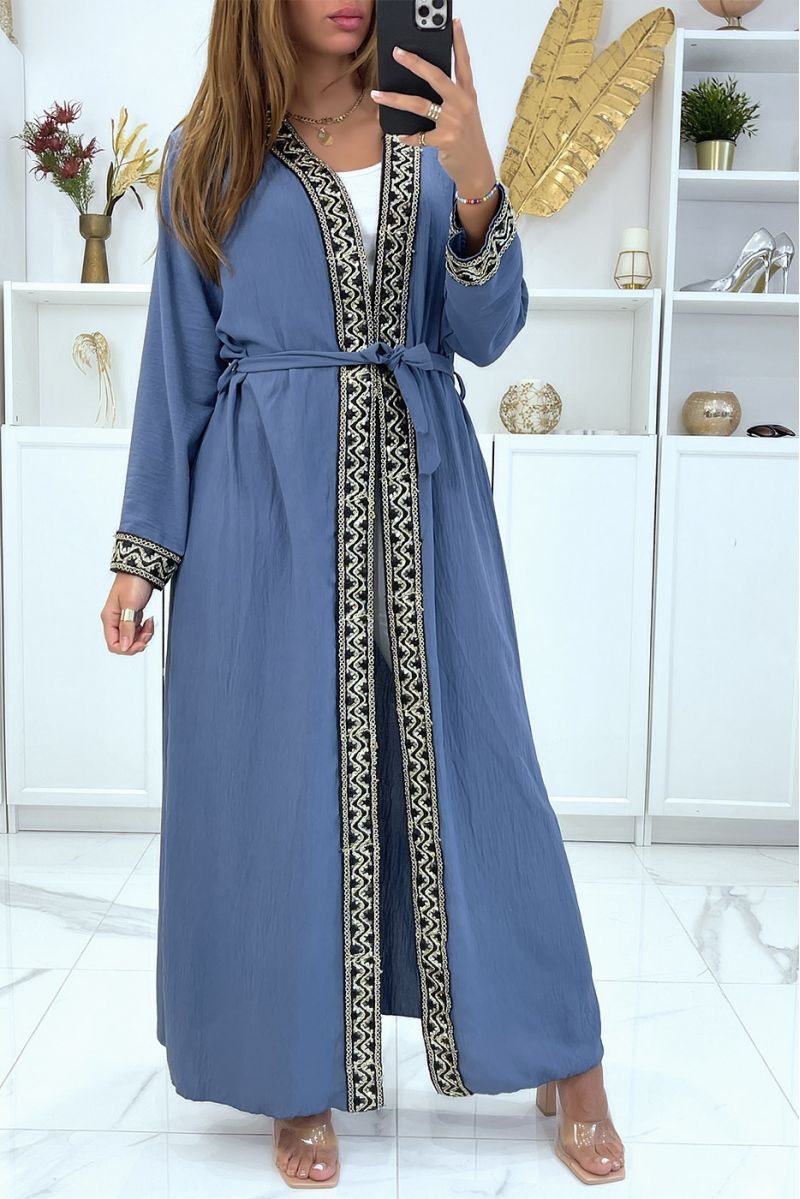 Blauwe kimono-abaya met mooi gouden paillettenpatroon - 1