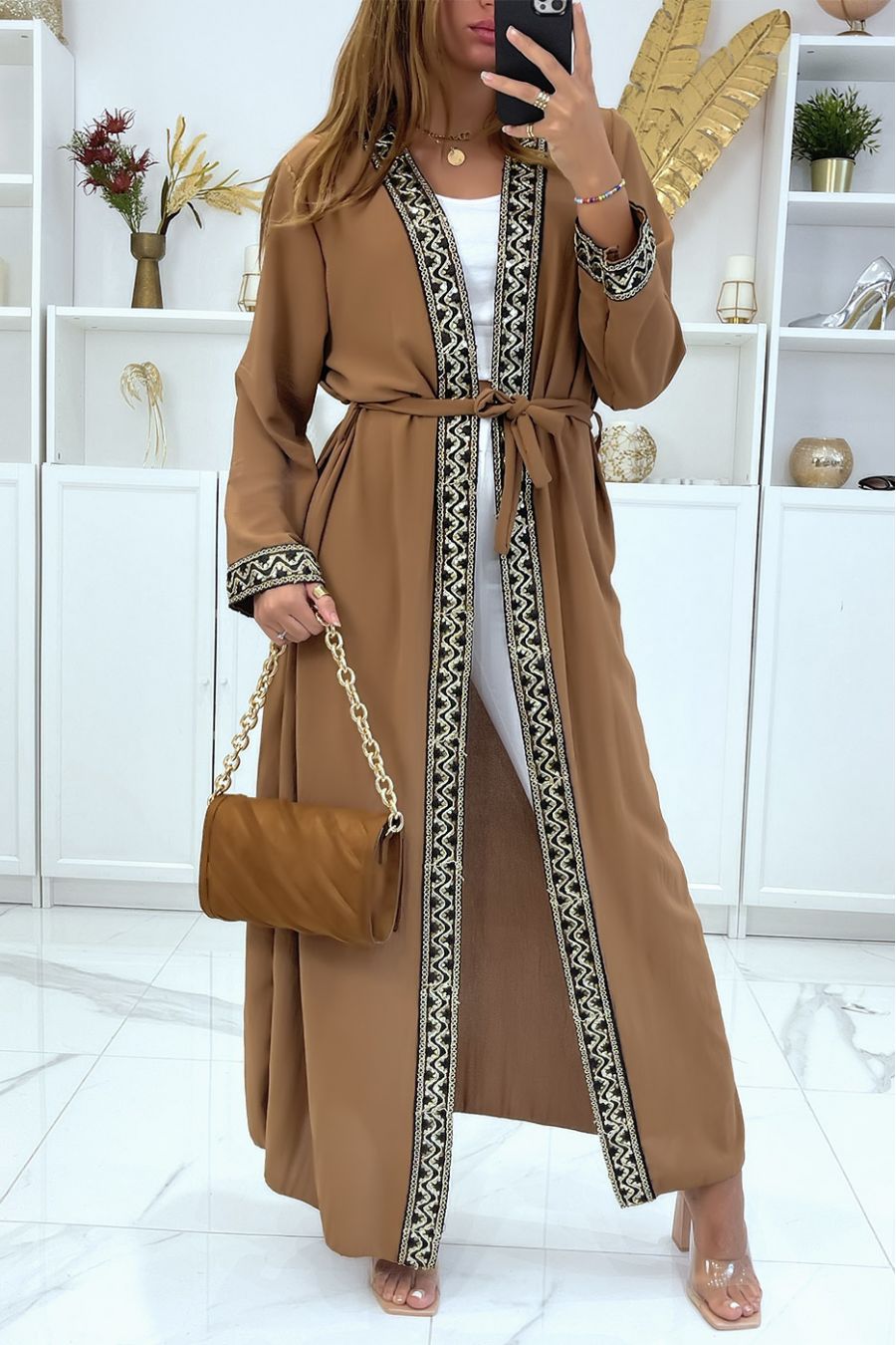 AbCAa camel kimono with pretty gold glitter pattern - 1