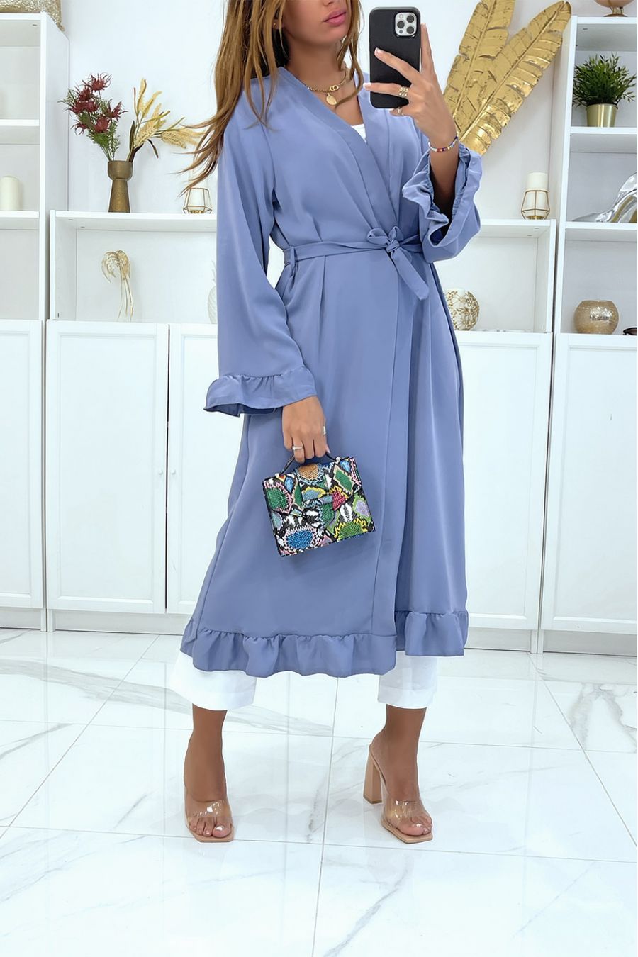 Abaya kimono indigo met ruche en riem - 1