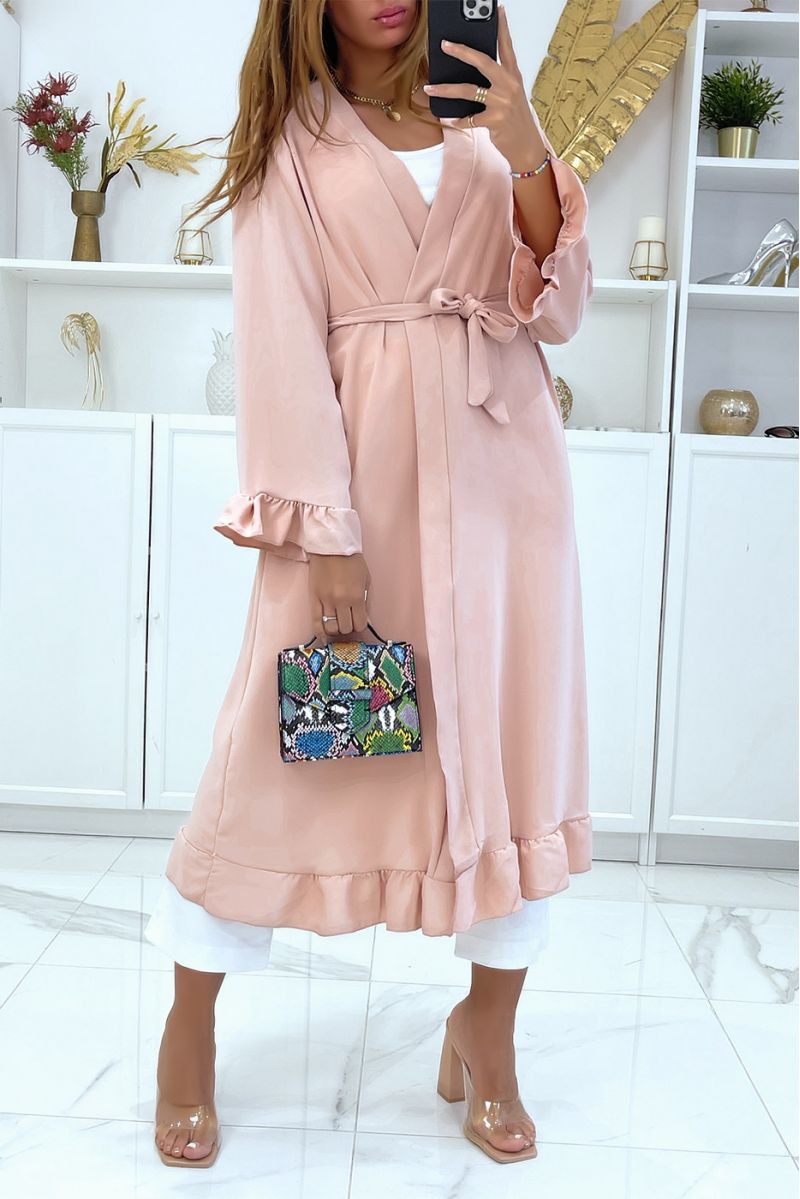 Abaya kimono rose avec volant et ceinture - 1