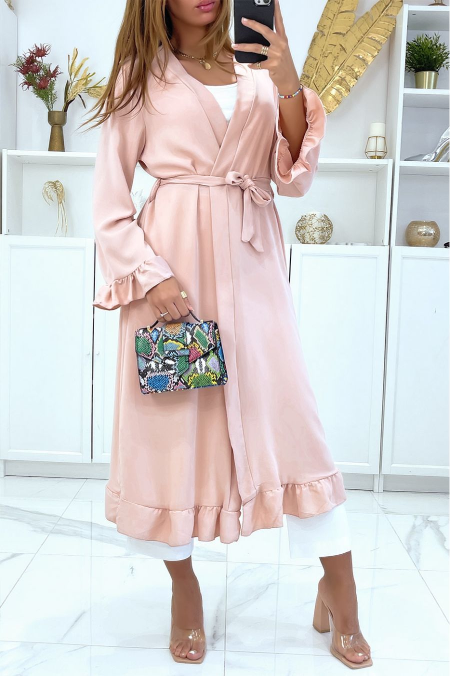 Abaya kimono rose avec volant et ceinture - 2