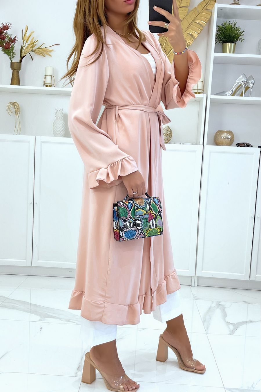 Abaya kimono rose avec volant et ceinture - 3