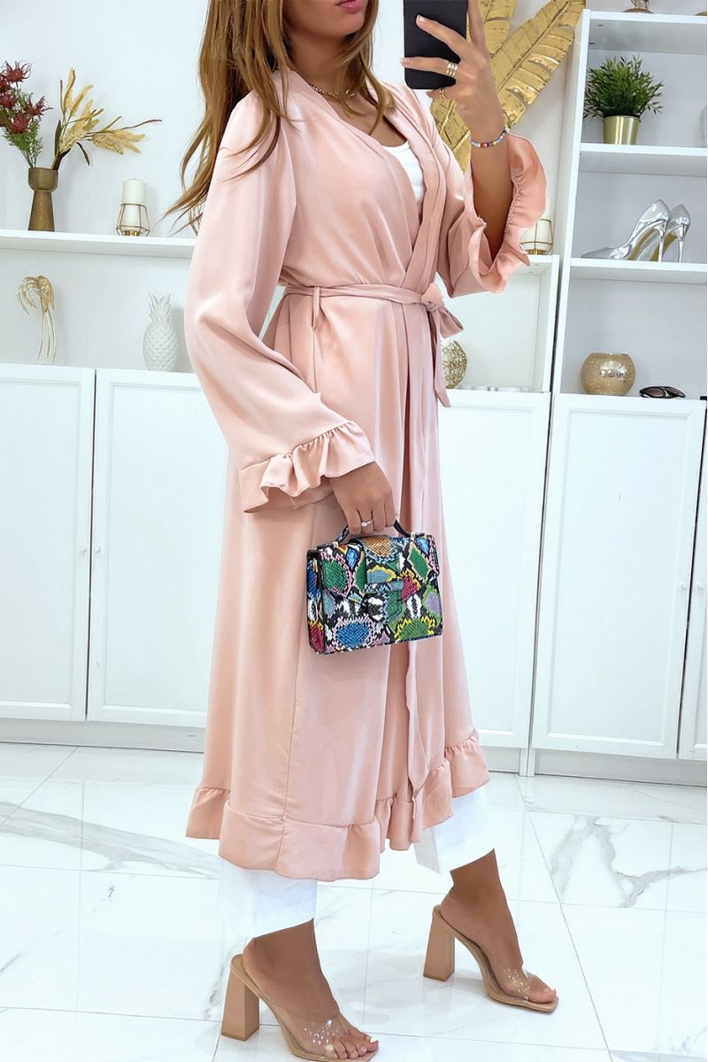 Pink kimono abaya with flounce and belt - 3